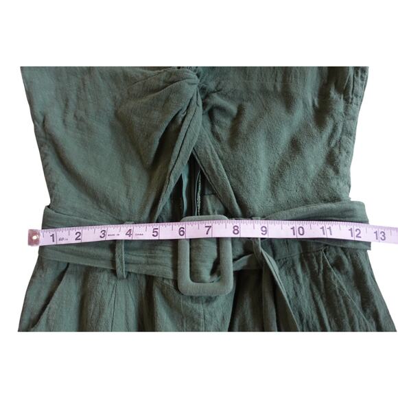 Womens 100% Cotton Jumpsuit Medium Green Cut Out Belted Cropped Wide Leg Pockets - Picture 5 of 8